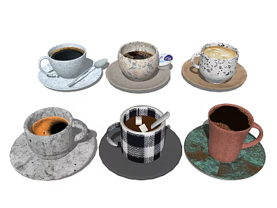 Vintage and Modern Kitchenware Collection Featuring Various Coffee Mugs with Saucers 3d model