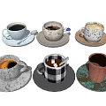 Vintage and Modern Kitchenware Collection Featuring Various Coffee Mugs with Saucers