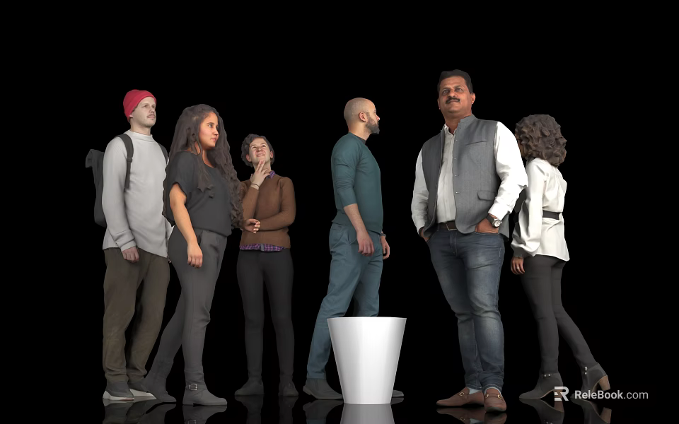 Diverse Group of People Standing Together Against Black Background with White Bucket in Center 3d model 