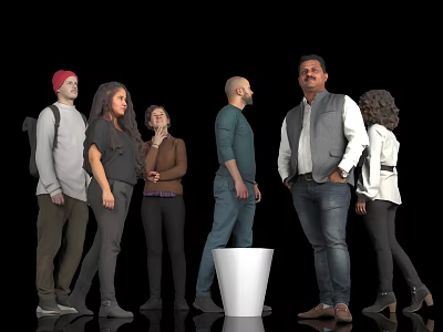 Diverse Group of People Standing Together Against Black Background with White Bucket in Center 3d model
