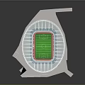 Modern Stadium Architecture With Red Seats Green Football Pitch And White Roof Structure