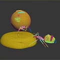 Two Brown Ants Interacting With Shiny Yellow Sphere And Flat Object On Dark Background 3d model