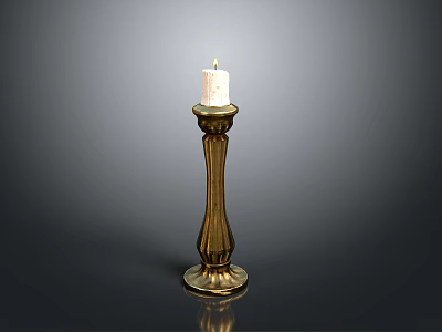 Elegant Golden Candlestick With Lit Candle And Slender Decorative Design 3d model