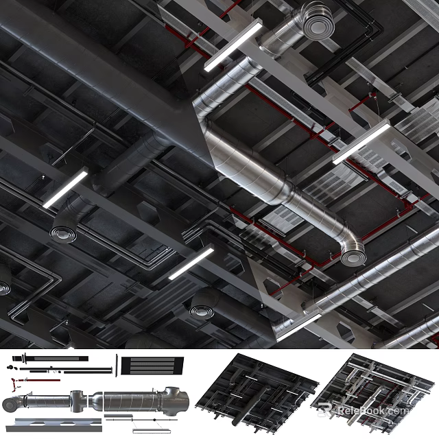Industrial Metal Pipes Installation On Ceiling With Structural Layout And Lighting 3d model 