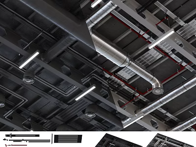 Industrial Metal Pipes Installation On Ceiling With Structural Layout And Lighting 3d model