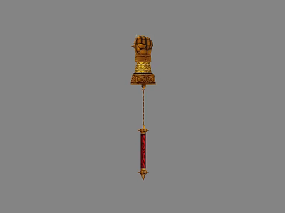 Decorative Golden Fist Shaped Weapon With Red Rod And Spiked End Ornate Design 3d model
