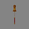 Decorative Golden Fist Shaped Weapon With Red Rod And Spiked End Ornate Design
