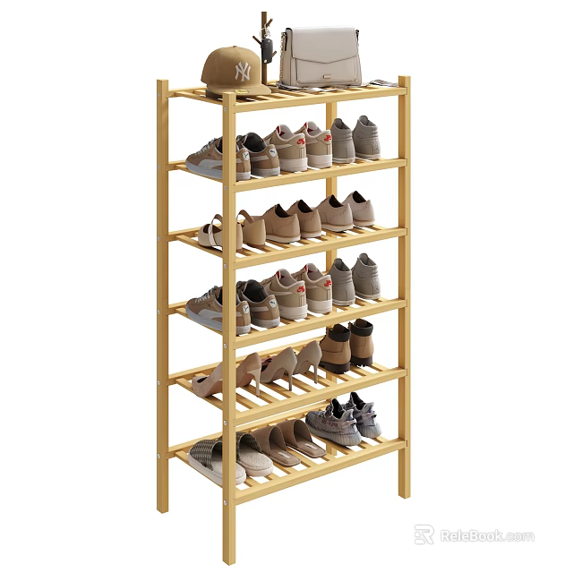 Wooden Multi Tiered Shoe Rack With Various Shoes Storage And Organized Design 3d model 