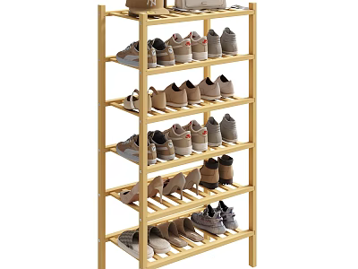 Wooden Multi Tiered Shoe Rack With Various Shoes Storage And Organized Design 3d model