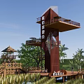 Wooden Pergola Observation Deck With Multi Level Platforms And Surrounding Palm Trees 3d model
