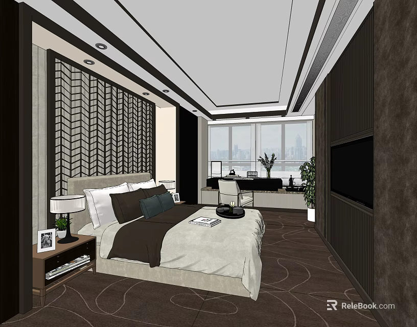 Hotel Room Interior With Comfortable King Bed Geometric Patterned Wall Large Windows And Flat TV 3d model