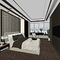 Hotel Room Interior With Comfortable King Bed Geometric Patterned Wall Large Windows And Flat TV 3d model