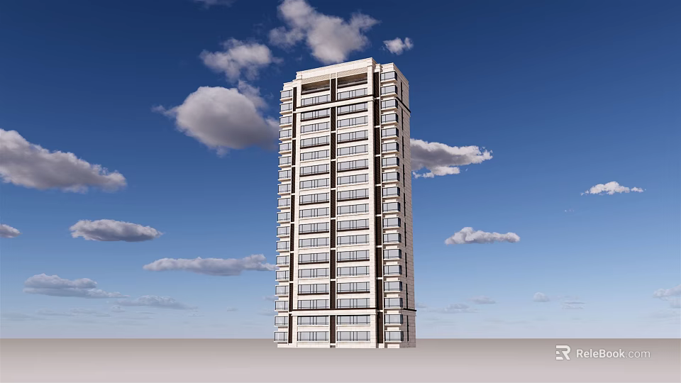 Modern High Rise Building With Multiple Floors Large Windows And Blue Sky Background 3d model