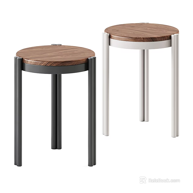 Modern Round Side Tables With Wooden Tabletop And Metal Legs In Black White 3d model 