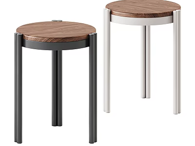 Modern Round Side Tables With Wooden Tabletop And Metal Legs In Black White 3d model