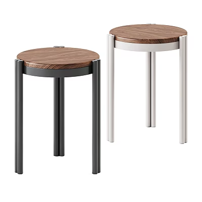 Modern Round Side Tables With Wooden Tabletop And Metal Legs In Black White 3d model