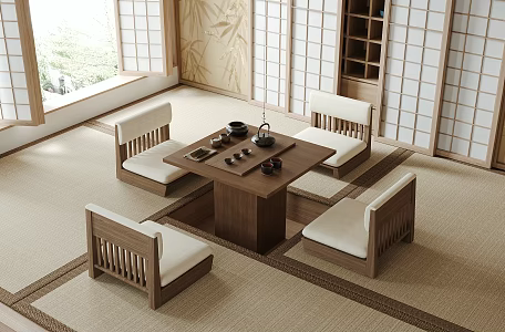 Japanese-style Tatami Tea Room Tatami Tea Table and Chair Leisure Chair Stool Tea Set 3d model