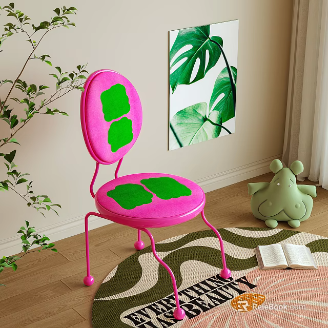 Pink Chair With Green Square Patterns Monstera Leaf Painting Green Plants Wooden Floor 3d model 