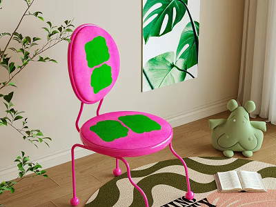 Pink Chair With Green Square Patterns Monstera Leaf Painting Green Plants Wooden Floor 3d model