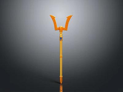 Yellow Weapon Polearm With Double Pronged Head And Blue Accent Long Handle 3d model