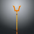 Yellow Weapon Polearm With Double Pronged Head And Blue Accent Long Handle