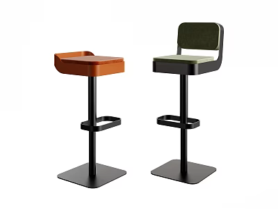 Modern Minimalist Bar Stools with Orange Seats Green Backrests Black Metal Frames and Square Bases 3d model