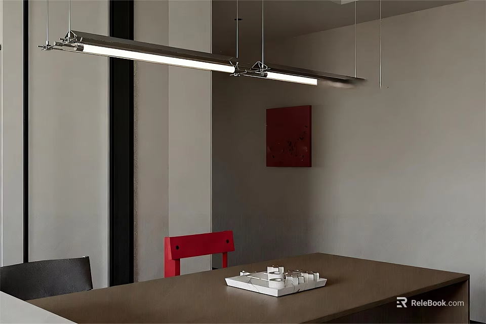 Modern Linear Pendant Light Hanging Over Wooden Table With Red Black Chairs And Wall Art 3d model 