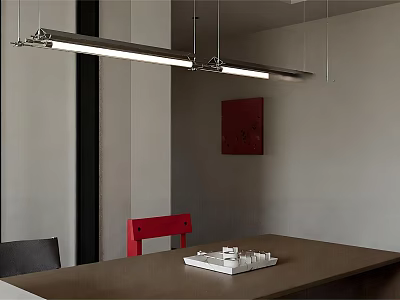 Modern Linear Pendant Light Hanging Over Wooden Table With Red Black Chairs And Wall Art 3d model