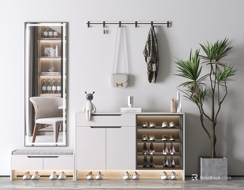 Modern Shoe Cabinet With Storage Mirror Coat Hooks And Decorative Plant 3d model