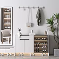 Modern Shoe Cabinet With Storage Mirror Coat Hooks And Decorative Plant 3d model