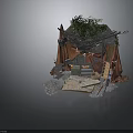 Rustic Outdoor Campsite Structure With Canvas Tent Vines Wooden Crates And Stones