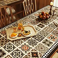 Dining Table Set With Wooden Frame Patterned Tabletop Chairs Fruit Side Cabinet And Potted Plant