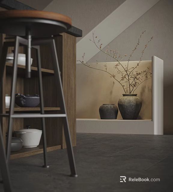 Cozy Modern Living Dining Interior With Practical Wooden Storage Shelves And Rustic Ceramic Art Decor 3d model 