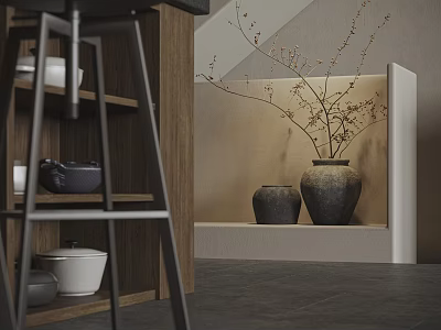 Cozy Modern Living Dining Interior With Practical Wooden Storage Shelves And Rustic Ceramic Art Decor 3d model