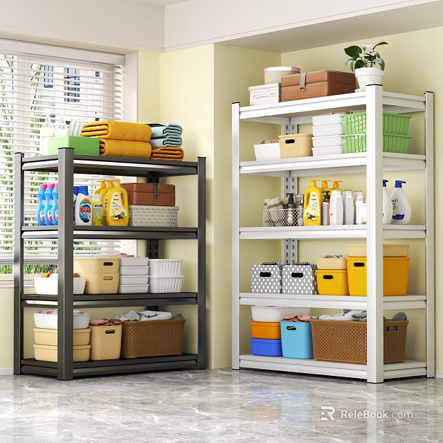 Black And White Storage Shelves With Towels Cleaning Supplies Baskets Boxes And Plant 3d model 