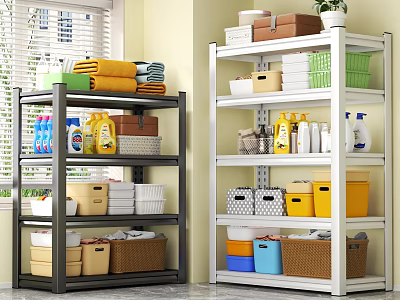 Black And White Storage Shelves With Towels Cleaning Supplies Baskets Boxes And Plant 3d model