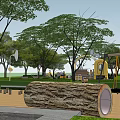 Outdoor Children's Playground With Green Trees Yellow Playhouse Checkerboard Floor And Letter Blocks