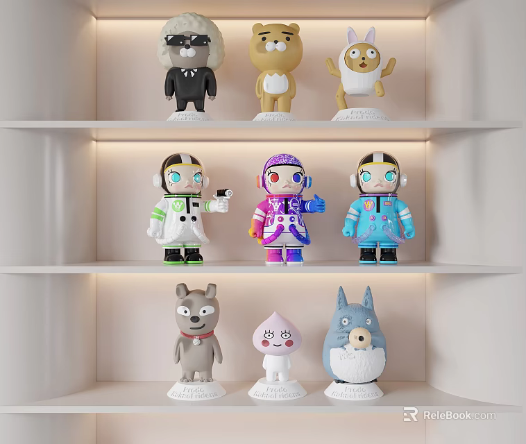 Cartoon Style Sculptures Displayed On White Shelves 3d model 