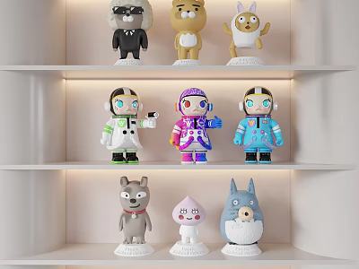 Cartoon Style Sculptures Displayed On White Shelves 3d model