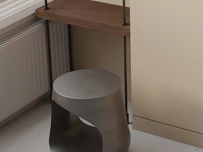 Modern Wooden Side Table With Metal Frame And Matching Stool In Interior Space Design 3d model