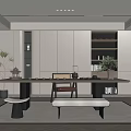 Modern Open Tea Room With White Cabinets Long Table Green Plants Tea Sets And Bench