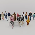 Diverse Group of People Standing and Sitting in White Studio with Various Outfits