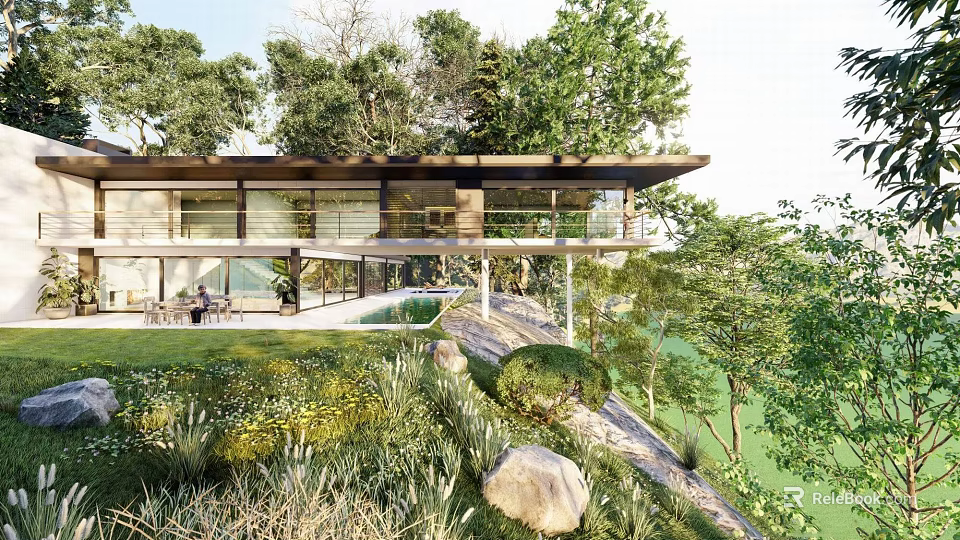 Modern Detached Villa With Scenic Green Surroundings Floor to Ceiling Windows And Garden Terrace 3d model 