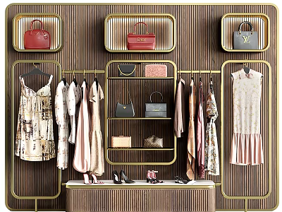 Gold Clothing Rack Display Dresses Bags On Wooden Wall 3d model