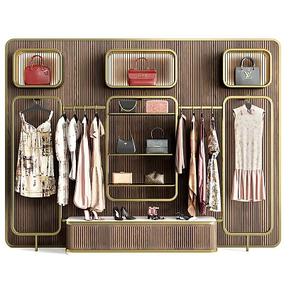 Gold Clothing Rack Display Dresses Bags On Wooden Wall 3d model