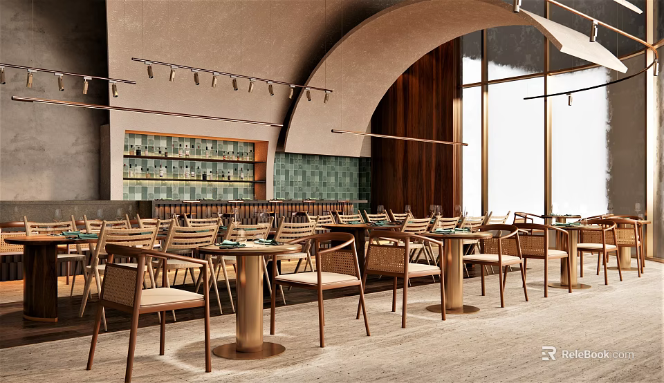 Modern Restaurant Interior With Arched Ceiling Wooden Walls Green Tiled Backsplash Pendant Lights Large Windows 3d model 