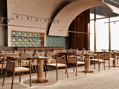 Modern Restaurant Interior With Arched Ceiling Wooden Walls Green Tiled Backsplash Pendant Lights Large Windows 3d model