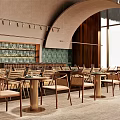 Modern Restaurant Interior With Arched Ceiling Wooden Walls Green Tiled Backsplash Pendant Lights Large Windows