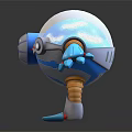 Cute Biomechanical Robot Character With Sphere Body Blue Cannon Arm And Cloud Pattern 3d model