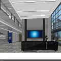 Modern Spacious Front Desk Reception Interior With Company Logo Large Screen And Lighting Design 3d model